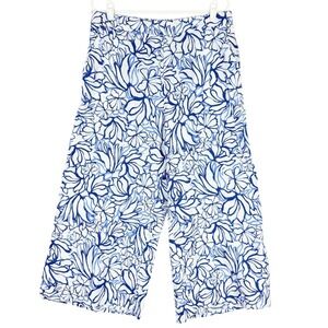 Martha Stewart Women 100% Linen Pull-on Wide Leg Floral Blue/White Pants XL NWOT